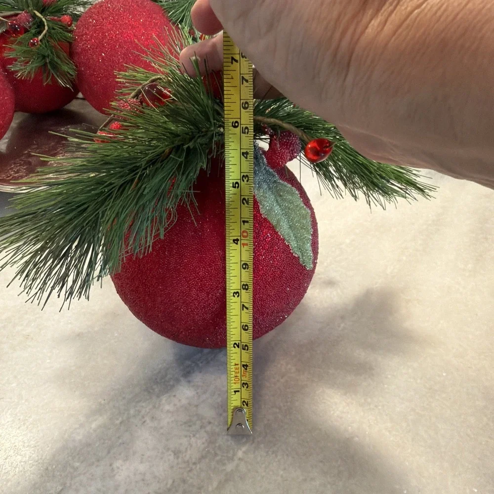 Set Of 5 Large Red Sparkle Christmas Balls With Pine And Cranberries